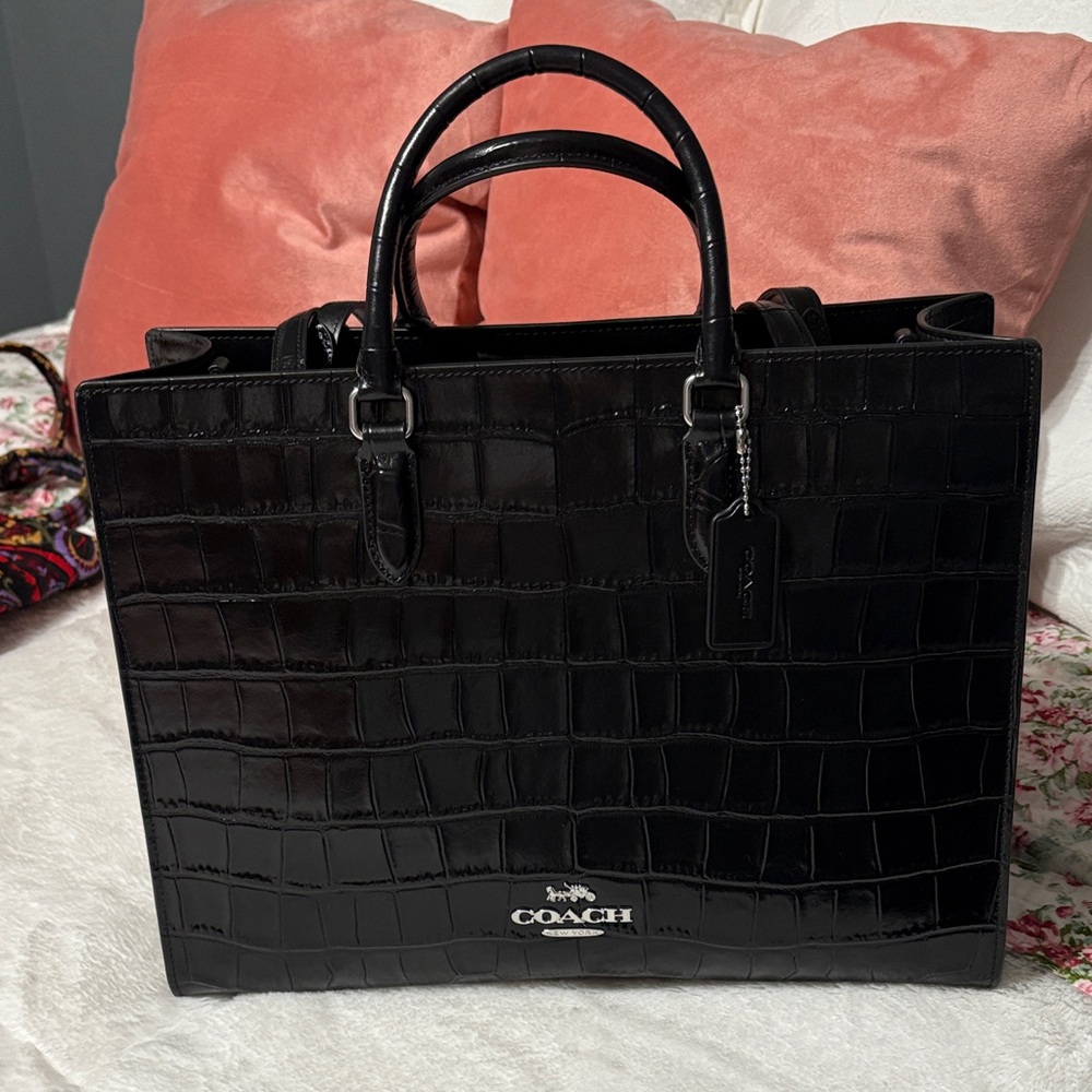 Coach Glossy Black Croc Embossed Handbag